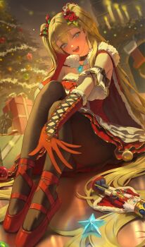 1girl aqua_eyes aqua_gem asha_(bangsom) ballerina ballet_slippers bangsom black_pantyhose blonde_hair box brooch cape christmas_tree commentary_request dress elbow_gloves fur-trimmed_cape fur-trimmed_dress fur-trimmed_gloves fur_trim gem gift gift_box gloves highres jewelry long_hair looking_at_viewer mole mole_under_eye open_mouth original pantyhose red_dress red_gloves red_shoes shoes sitting solo star_(symbol) teeth twintails upper_teeth_only very_long_hair