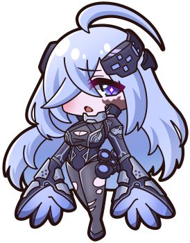 +_+ 1girl absurdres black_leotard black_shoes blue_eyes blue_hair bodysuit breasts chibi cleavage cleavage_cutout clothing_cutout commentary_request copyright_request euphina_(chaos_zero_nightmare) full_body grey_bodysuit hair_over_one_eye highres leotard long_hair looking_at_viewer medium_breasts open_mouth pantyhose saishosaisekojo shoes simple_background solo torn_clothes torn_pantyhose very_long_hair white_background