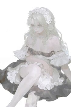 1girl absurdres apron bare_shoulders black_dress breasts cleavage commentary detached_sleeves dress feet_out_of_frame fuyuyu-pon grey_eyes grey_hair highres long_hair off_shoulder original pale_color pantyhose short_dress short_sleeves sitting sleeveless sleeveless_dress solo spaghetti_strap strap_slip symbol-only_commentary white_apron white_background white_pantyhose