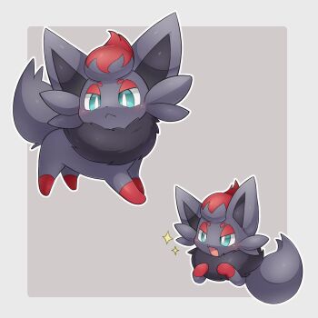 animal_focus black_fur blue_eyes blush closed_mouth cosmos3572 fang gen_5_pokemon highres looking_at_viewer nintendo no_humans open_mouth pokemon pokemon_(creature) pokemon_focus red_fur simple_background skin_fang star_(symbol) tail zorua