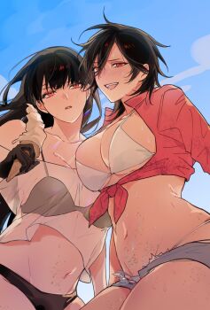 2girls bare_shoulders bikini black_bikini black_gloves black_hair blue_sky blush bra breasts breasts_out cleavage collarbone commentary_request crop_top daiba_shizuma denim denim_shorts floating_hair food g-string genderswap genderswap_(mtf) gloves groin hair_between_eyes highres holding holding_food holding_ice_cream ice_cream lapels large_breasts long_hair medium_breasts micro_shorts midriff multiple_girls navel ooe_(game) oosaki_(ooe) red_eyes sand see-through_clothes see-through_shirt shirt short_hair shorts sky smile stomach swimsuit thighs thong tied_shirt underwear upper_body water_drop white_bra yuhuo_888