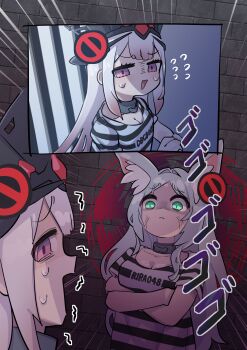 2girls absurdres angry animal_ear_fluff animal_ears apollousa_bow_of_the_goddess aqua_eyes breasts c_civciv crossed_arms duel_monster hair_intakes hat highres looking_at_another maliss_&lt;q&gt;_red_ransom medium_breasts multiple_girls nervous pink_hair prison prison_clothes purple_eyes small_breasts striped_clothes trembling veins white_hair yu-gi-oh! yu-gi-oh!_master_duel