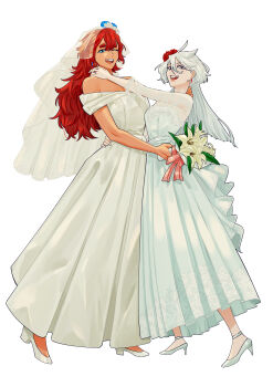 2girls absurdres bare_shoulders blue_eyes blue_flower bouquet bridal_veil commentary_request dress earrings flower grey_eyes gundam gundam_suisei_no_majo hair_flower hair_ornament hand_on_another&#039;s_neck hand_on_another&#039;s_shoulder hand_on_another&#039;s_waist high_heels highres holding holding_bouquet jewelry korean_commentary lily_(flower) long_hair miorine_rembran multiple_girls off-shoulder_dress off_shoulder one_eye_closed red_flower red_hair ring shoes simple_background smile snapagi suletta_mercury thick_eyebrows veil wedding_dress wedding_ring white_background white_dress white_flower white_hair white_shoes wife_and_wife yuri