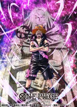 2boys beard black_boots black_gloves black_shorts boots commentary_request copyright_name crossed_arms dreadlocks facial_hair father_and_son full_body gloves goatee hat long_hair long_nose male_focus multiple_boys nagare_seiya official_art one_piece one_piece_card_game one_piece_film:_red open_mouth pouch shorts smile thigh_pouch usopp yasopp