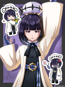 1girl anger_vein arm_up belt black_dress black_hair black_ribbon blue_belt blue_gloves blunt_bangs blush_stickers chibi chronoroku closed_mouth coat commentary_request doll dress eyelashes gen_4_pokemon gloves grey_eyes gwynn_(pokemon) hand_up hat heart highres holding holding_doll long_hair long_sleeves looking_at_viewer multiple_views neck_ribbon nintendo open_clothes open_coat partially_fingerless_gloves pokemon pokemon_legends:_z-a ribbon rotom rotom_phone spoken_x squiggle twitter_username white_coat