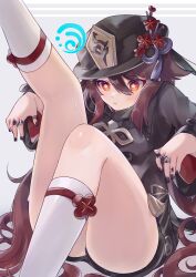 Rule 34 | 1girl, black hat, black nails, black shorts, brown hair, chinese clothes, commentary request, engasaki sakura, flower, flower-shaped pupils, frown, genshin impact, hair between eyes, hat, hat flower, highres, hu tao (genshin impact), hydro symbol (genshin impact), jewelry, leg up, long hair, long sleeves, looking at viewer, multiple rings, nail polish, plum blossoms, porkpie hat, red eyes, ring, shorts, solo, symbol-shaped pupils, thighs, thumb ring, twintails, very long hair, wet