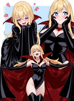 1girl :> absurdres black_cape black_gloves black_leotard blonde_hair blue_eyes blush breasts bright_pupils cape cleavage closed_eyes closed_mouth commentary detached_collar doronjo elbow_gloves english_commentary eyelashes eyeshadow gloves hands_on_own_face happy heart heart-shaped_pupils highres leotard long_hair makeup multiple_views nico-neko open_mouth purple_eyeshadow satin_gloves simple_background skull_ornament smile symbol-shaped_pupils tongue white_pupils yatterman