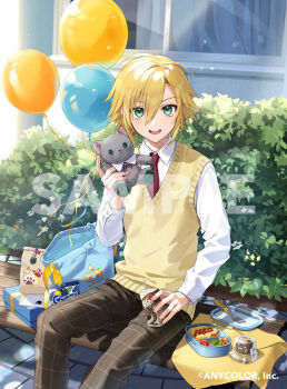 1boy balloon bento black_pants blonde_hair box collared_shirt commentary_request company_name copyright_notice gift gift_box green_eyes hair_between_eyes holding holding_stuffed_toy looking_at_viewer male_focus necktie nijisanji official_art pants plaid_clothes plaid_pants potti-p red_necktie sample_watermark shirt sitting solo stuffed_animal stuffed_toy sweater_vest teeth tongue upper_teeth_only uzuki_kou uzuki_kou_(3rd_costume) watermark white_shirt yellow_sweater_vest