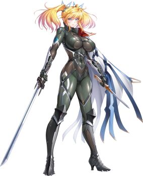 Rule 34 | 1girl, alternate costume, blonde hair, blue eyes, blush, bodysuit, breasts, covered navel, curvy, dual wielding, eyelashes, full body, gloves, holding, holding knife, holding sword, holding weapon, knife, large breasts, lilith-soft, lips, long hair, looking at viewer, official alternate costume, pointy ears, shinganji kurenai, shiny clothes, shiny skin, smile, sword, taimanin (series), taimanin kurenai, taimanin rpgx, transparent background, weapon, zol