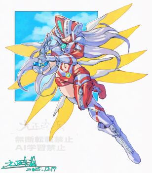 1girl angewomon boots chest_jewel commentary_request covered_eyes dated digimon digimon_(creature) energy_wings full_body fusion grey_hair helmet helmet_over_eyes highres la leotard long_hair oomasa_teikoku red_boots red_leotard solo thigh_boots ultra_series white_boots white_leotard