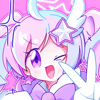 1girl ;d ahoge blue_archive blue_hair blush bow commentary earrings hair_ornament halo highres jewelry magical_girl official_alternate_costume one_eye_closed open_mouth pink_background pink_hair portrait purple_bow purple_eyes reisa_(blue_archive) reisa_(magical)_(blue_archive) risawan simple_background smile solo star_(symbol) star_earrings star_hair_ornament star_halo symbol-only_commentary twintails v wing_hair_ornament yume_kawaii