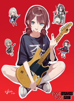 Rule 34 | 5girls, absurdres, ahoge, awa subaru, black footwear, black hair, black hairband, black shirt, blonde hair, blue eyes, blue shorts, blue skirt, blush, bow, brown hair, brown jacket, crossed legs, dated, drum, drum set, drumsticks, ebizuka tomo, eyelashes, full body, girls band cry, grey eyes, grey footwear, grey skirt, guitar, hair bow, hairband, highres, holding, holding drumsticks, holding guitar, holding instrument, instrument, iseri nina, jacket, kawaragi momoka, keyboard (instrument), long hair, middle finger, multiple girls, nail polish, outline, plaid clothes, plaid skirt, purple eyes, red background, red bow, red hair, red nails, rupa (girls band cry), shirt, shoes, short hair, short twintails, shorts, simple background, sitting, skirt, sleeveless, sleeveless shirt, smile, solo focus, standing, stellanfleuret, tongue, tongue out, twintails, white outline, white shirt