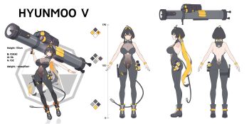 1girl absurdres black_bodysuit black_boots black_hair bodysuit boots breasts cable cable_tail character_name character_profile color_guide colored_inner_hair crotch_zipper full_body highres hyunmoo_v_(littleboy016) large_breasts littleboy_(littleboy016) long_hair low_ponytail mechanical_tail multicolored_hair multiple_views original ponytail reference_sheet see-through_clothes simple_background skin_tight standing tail turnaround two-tone_hair weapon white_background yellow_eyes