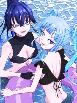 2girls absurdres ado_(utaite) bikini black_bikini black_gloves blue_eyes blue_hair breasts cleavage commentary_request crossed_bangs eyelashes fingerless_gloves genderswap gloves highres innertube long_hair lower_teeth_only medium_breasts multiple_girls naima_(ado) open_mouth partially_submerged ponytail rule-chan_(ado) rule_(ado) swim_ring swimsuit teeth tomoyaku twintails usseewa