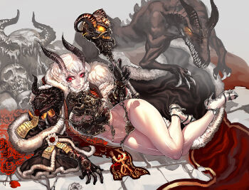 1girl albino armor capelet daemonette demon_girl elbow_gloves eyebrow_piercing face_piercing gloves heresy high_heel_sandals high_heels horns jeffr lying narrow_waist navel navel_piercing on_side open_shoes piercing purity_seal red_eyes sandals shiny_skin shoes slaanesh staff thighs warhammer_40k white_hair