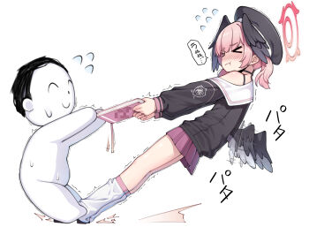>_< 1boy 1girl absurdres bare_shoulders black_hat black_shirt blue_archive blush censored commentary fighting flapping flying_sweatdrops halo hat highres isinose_(ilxodidli) koharu_(blue_archive) loose_socks miniskirt mosaic_censoring pink_hair pink_skirt pleated_skirt pornography pulling school_uniform sensei_(blue_archive) serafuku shirt simple_background skirt socks twintails white_background wings