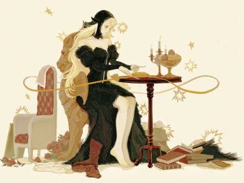 1girl armchair backpack bag barefoot bedroll blonde_hair book book_stack bouquet candle candlestand chair dress dungeon_meshi flower food fork fruit fruit_bowl full_body green_eyes hood juliet_sleeves knife long_hair long_sleeves marcille_donato marcille_donato_(lord) pie puffy_sleeves rose shoes sitting solo table unworn_shoes