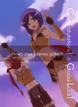 1boy 1girl armband arms_up blue_eyes blue_sky breasts brown_gloves brown_shirt brown_shorts celestial_s cloud commentary_request cowboy_shot crop_top dutch_angle english_text fingerless_gloves fur-trimmed_gloves fur-trimmed_shirt fur-trimmed_shorts fur_trim gloves grey_pants looking_at_viewer lowres medium_breasts midriff navel open_mouth pants pants_under_shorts purple_hair ragnarok_online red_hair shirt short_hair shorts sky sleeveless sleeveless_shirt smile sniper_(ragnarok_online) swept_bangs two-tone_gloves two-tone_shorts w