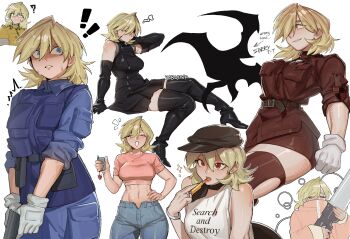 Rule 34 | 1girl, absurdres, applying makeup, belt, beret, blonde hair, blue eyes, breasts, elbow gloves, gloves, hat, hellsing, highres, large breasts, lipstick, makeup, midriff, multiple views, police, police uniform, policewoman, red eyes, seras victoria, short hair, solo, thighhighs, vampire, white background, white gloves, yablofap