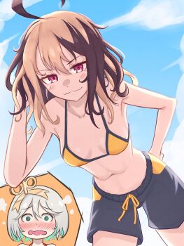 2girls absurdres ahoge alternate_hairstyle bikini bikini_shorts blue_bikini blue_sky blush breasts brown_hair cecilia_immergreen colored_inner_hair double-parted_bangs embarrassed female_pov gigi_murin green_eyes green_hair grey_hair hair_between_eyes hair_ornament hand_on_own_head hand_on_own_hip head_steam highres holojustice hololive hololive_english huge_ahoge inset leaning_forward light_blush looking_at_viewer madabau multicolored_bikini multicolored_hair multiple_girls multiple_pov no_tail orange_bikini pink_eyes pov short_hair shorts sky small_breasts swimsuit two-tone_bikini two-tone_hair virtual_youtuber wavy_mouth winding_key yuri