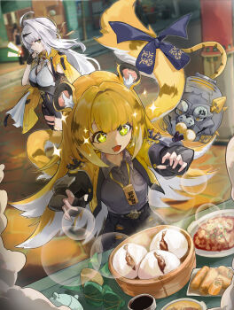 ! !! +_+ 2girls absurdres ahoge animal_ear_fluff animal_ears asymmetrical_gloves bamboo_steamer black_gloves black_unitard blonde_hair blurry blurry_background bow breasts cleavage colored_inner_hair commentary_request drooling elbow_gloves fang fingerless_gloves food food_request gloves green_eyes grey_shirt hair_intakes hair_ornament hairpin hand_to_own_mouth hands_up high-waist_shorts highres hu_wei_(zenless_zone_zero) jacket ju_fufu large_breasts long_hair looking_at_another looking_at_food mole mole_on_breast multicolored_hair multiple_girls open_mouth orange_eyes outdoors plate pontaselo shirt shorts single_elbow_glove single_hair_intake single_thighhigh sparkle striped_fur striped_hair tail tail_bow tail_ornament teapot thigh_strap thighhighs tiger_ears tiger_girl tiger_stripes tiger_tail uneven_gloves white_hair yellow_jacket yin_yang_pin yixuan_(zenless_zone_zero) zenless_zone_zero