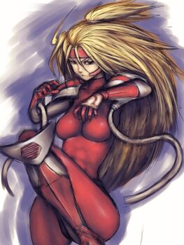 Rule 34 | 1girl, armor, bandana, blonde hair, brown eyes, cosplay, eyebrows, female focus, fumio (rsqkr), genderswap, genderswap (mtf), long hair, marvel, omega red, russian text, solo, soviet, tentacles, x-men