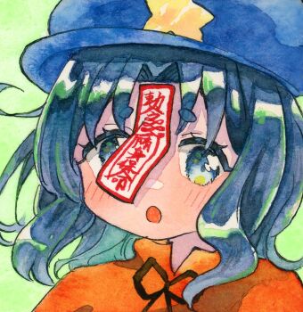 1girl :o black_ribbon blue_eyes blue_hair blue_hat blush commentary_request green_background hat hat_ornament jiangshi looking_at_viewer miyako_yoshika neck_ribbon newsboy_cap ofuda open_mouth orange_shirt painting_(medium) portrait pppppks ribbon shirt short_hair solo star_(symbol) star_hat_ornament thick_eyebrows touhou traditional_media watercolor_(medium)