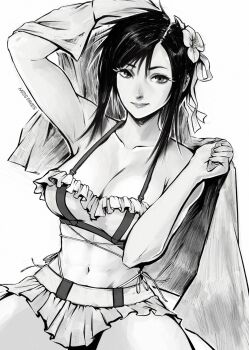 Rule 34 | 1girl, arm up, bikini, bikini skirt, black hair, breasts, cleavage, closed mouth, collarbone, final fantasy, final fantasy vii, final fantasy vii remake, flower, frilled bikini, frills, greyscale, hair flower, hair ornament, hibiscus, highres, holding, holding towel, large breasts, lips, looking at viewer, miss faves, monochrome, navel, simple background, solo, stomach, swimsuit, tifa lockhart, tifa lockhart (shining spirit), towel