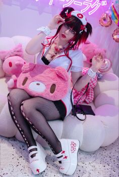 1girl abi_aikou breasts cleavage cosplay_photo female_focus glasses gloomy_bear indoors looking_at_viewer nurse photo_(medium) solo stuffed_toy