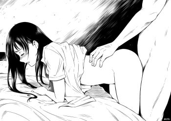 1boy 1girl age_difference all_fours arm_rest blush closed_eyes clothed_female_nude_male doggystyle monochrome nude original profile sex sex_from_behind short_sleeves solo_focus thighs tokai torso_grab