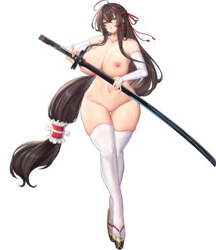 1girl ahoge ark_re:code breasts brown_eyes brown_hair cleavage crossed_bangs full_body game_cg hair_ribbon hair_tie half-closed_eyes highres holding holding_sword holding_weapon julia_(ark_re:code) katana large_breasts long_hair looking_at_viewer low-tied_long_hair navel nipples nontraditional_miko nude official_art pussy red_ribbon ribbon sandals sheath skindentation sword thighhighs thighs very_long_hair weapon white_background white_thighhighs zouri