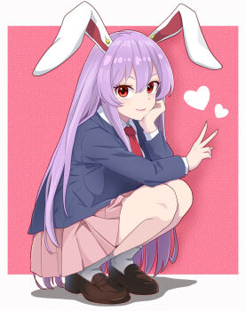 1girl animal_ears blazer blue_jacket commentary_request doyagao duplicate full_body hand_up heart highres jacket kisaragi_koushi long_hair looking_at_viewer necktie pink_skirt pixel-perfect_duplicate purple_hair rabbit_ears red_background red_eyes reisen_udongein_inaba shadow simple_background skirt smug solo squatting touhou v very_long_hair