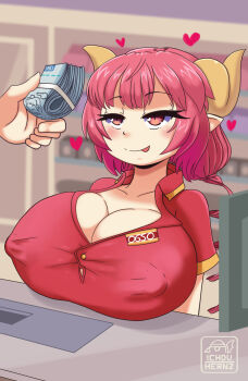 1girl absurdres blurry blurry_background breast_rest breasts cleavage closed_mouth covered_erect_nipples dragon_horns half-closed_eyes heart heart-shaped_pupils highres horns huge_breasts ilulu_(maidragon) inchduhernz indoors kobayashi-san_chi_no_maidragon money pink_hair pointy_ears red_eyes red_shirt shirt short_sleeves shortstack smile symbol-shaped_pupils teeth tongue tongue_out twintails upper_body upper_teeth_only