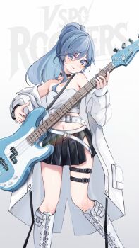 Rule 34 | 1girl, bare shoulders, bass guitar, belt, belt collar, black skirt, blue eyes, blue hair, blue nails, boots, closed mouth, coat, collar, guitar, hair between eyes, high ponytail, highres, holding, holding guitar, holding instrument, instrument, knee boots, long hair, long sleeves, looking at viewer, mameko (mamemame81), mixed-language commentary, off shoulder, open clothes, open coat, ponytail, skirt, smile, solo, standing, thigh belt, thigh strap, tongue, tongue out, virtual youtuber, vspo!, white belt, white boots, yano kuromu
