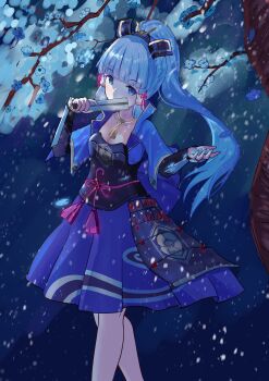 1girl armor armored_dress ayaka_(genshin_impact) blue_eyes blue_jacket breasts cleavage covering_own_mouth cropped_jacket dress feet_out_of_frame fier(tes.) folded_fan folding_fan gauntlets genshin_impact hakama hakama_skirt hand_fan highres holding holding_fan jacket japanese_clothes looking_at_viewer medium_breasts night skirt snowing solo standing tree under_tree white_hair