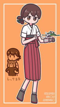 Rule 34 | 1girl, a5m, blue ribbon, boots, brown eyes, folded ponytail, full body, gloves, grey boots, hakama, hakama skirt, haniwaro, highres, japanese clothes, kantai collection, kasuga maru (kancolle), multiple views, orange background, partially fingerless gloves, partly fingerless gloves, red hakama, ribbon, romaji (kancolle), skirt, standing, swept bangs, tanuki, yugake