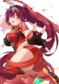 Rule 34 | 1girl, absurdres, animal ears, armor, ass, black gloves, boots, breasts, cat ears, commentary request, commission, cosplay, fingerless gloves, gem, gloves, green gem, hand on weapon, highres, indie virtual youtuber, large breasts, long hair, looking at viewer, mikan (mika n95), murasame mist, open hand, ponytail, pyra (xenoblade), pyra (xenoblade) (cosplay), red armor, red eyes, short shorts, shorts, skeb commission, solo, star (symbol), thigh boots, tiara, virtual youtuber, xenoblade chronicles (series), xenoblade chronicles 2