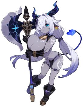 1girl absurdres axe battle_axe bell bikini bikini_top_only black_bikini black_loincloth black_sclera blue_eyes body_markings breast_sucking breasts cleavage colored_sclera colored_skin commentary_request cowbell demon_girl grey_hair grey_skin hair_over_one_eye highres holding holding_axe hooves horizontal_pupils horns huge_breasts long_hair low-tied_long_hair low_twintails matcha_(mattyan) no_panties one_eye_covered oppai_loli original simple_background solo swimsuit tail twintails very_long_hair weapon white_background