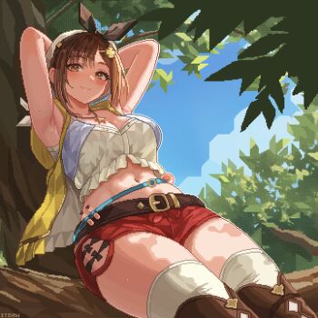 1girl armpits arms_behind_back artist_name atelier_(series) atelier_ryza atelier_ryza_1 beret blue_sky boots breasts brown_eyes brown_hair commentary english_commentary hair_ornament hairclip hat in_tree itzah jacket jewelry large_breasts leather_belt looking_at_viewer midriff navel necklace outdoors pixel_art red_shorts reisalin_stout short_hair short_shorts shorts sitting sitting_in_tree sky sleeveless sleeveless_jacket smile solo star_(symbol) star_necklace thigh_boots thighhighs thighhighs_under_boots tree white_hat white_thighhighs yellow_jacket