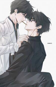 28ente 2boys black_coat black_hair black_shirt carrying carrying_person coat collared_shirt food food_in_mouth highres kim_dokja looking_at_another multiple_boys omniscient_reader's_viewpoint open_clothes open_coat pocky pocky_in_mouth popped_collar sharing_food shirt short_hair white_coat yaoi yoo_joonghyuk