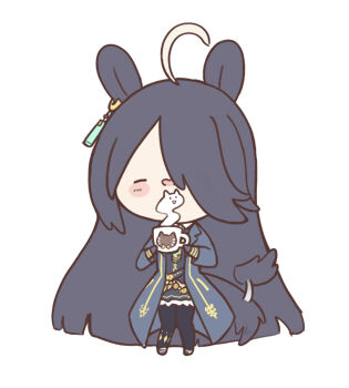 1girl absurdres ahoge animal_ears black_coat black_gloves black_hair black_pantyhose black_shirt blush blush_stickers chibi chibi_only closed_eyes coat coffee_mug collared_shirt commentary cup ear_tag earrings english_commentary gloves hair_between_eyes highres holding holding_cup horse_ears horse_girl horse_tail jewelry long_bangs long_hair long_hair_between_eyes long_sleeves manhattan_cafe_(creeping_shadow)_(umamusume) manhattan_cafe_(umamusume) mug multicolored_hair necktie open_mouth pantyhose pleated_skirt shirt simple_background single_earring skirt smile solo steaming_cup tail ukichan22905846 umamusume very_long_hair white_background white_hair yellow_necktie