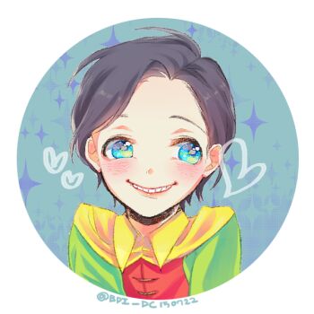 1boy batman_(series) blue_eyes cape dc_comics dick_grayson male_focus robin_(dc) simple_background solo