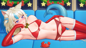 1girl :3 absurdres animal_ears bikini blonde_hair blue_eyes blue_streaks blush cat_ears commentary elbow_gloves english_commentary fins fish_girl fish_tail gloves halterneck highres indie_virtual_youtuber kaniki_(sameko_saba) kwaiiego long_hair looking_at_viewer multicolored_hair navel red_bikini red_garter_belt red_garter_straps red_gloves red_thighhighs sameko_saba side-tie_bikini_bottom smile solo streaked_hair swimsuit tail thighhighs very_long_hair virtual_youtuber