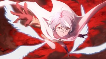 1girl :o anime_coloring asufi_al_andromeda blue_eyes blue_hair breasts brown_sandals cape danmachi_battle_chronicle dungeon_ni_deai_wo_motomeru_no_wa_machigatteiru_darou_ka dynamic_pose energy_wings flying game_cg gladiator_sandals glasses gloves highres long_hair long_sleeves looking_at_viewer magic medium_breasts multicolored_hair non-web_source official_art parted_lips reaching red_background red_gloves sandals short_hair solo streaked_hair white-framed_eyewear white_cape white_streaks white_wings winged_boots wings
