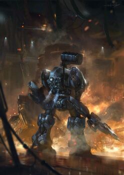 armored_core armored_core_vi:_fires_of_rubicon artist_name embers fire from_behind full_body gun highres holding holding_gun holding_weapon indoors loader_4 mecha mecha_focus miso_katsu missile_pod no_humans rifle robot science_fiction standing weapon