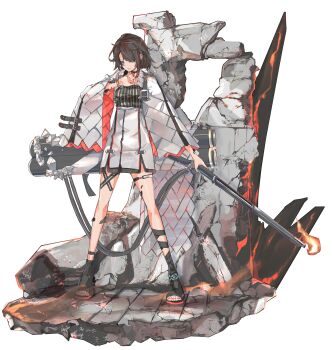 Rule 34 | 1girl, absurdres, ankle strap, arknights, black choker, black hair, black sandals, blue eyes, bracelet, breasts, broken wall, choker, cloak, commentary, cosplay, crossover, dress, female focus, fire, flamethrower, full body, gas tank, highres, holding, holding flamethrower, holding weapon, hololive, ifrit (arknights), ifrit (arknights) (cosplay), jewelry, looking at viewer, material growth, medium breasts, multicolored hair, nail polish, off-shoulder dress, off shoulder, oozora subaru, orange nails, oripathy lesion (arknights), parted lips, red hair, ruins, sandals, short dress, short hair, silver dress, simple background, solo, standing, streaked hair, striped clothes, striped dress, thighs, toenail polish, toenails, tsumeki, two-tone hair, virtual youtuber, weapon, white background