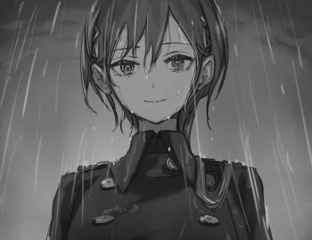 1girl buttons closed_mouth collared_coat commentary double-breasted english_commentary greyscale hair_ornament jellyfish_cut katsuragi_izumi katsuragi_izumi_(1st_costume) lao_ren_xing link!_like!_love_live! long_hair looking_at_viewer love_live! monochrome portrait rain smile solo triangle_hair_ornament virtual_youtuber wet
