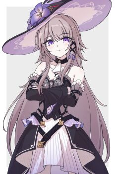 absurdres bare_shoulders black_dress black_hat black_sleeves border breasts brown_hair cleavage collarbone commentary crossed_arms detached_sleeves dress flower hair_ornament hair_ribbon hat hat_flower herta_(honkai:_star_rail) highres honkai:_star_rail honkai_(series) jewelry key key_necklace large_hat light_smile long_hair looking_at_viewer nail_polish necklace outside_border purple_eyes purple_flower purple_hat purple_nails purple_ribbon ribbon simple_background small_breasts strapless strapless_dress the_herta_(honkai:_star_rail) tomatology3 very_long_hair white_border witch_hat x_hair_ornament