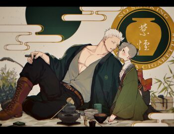 1boy 1girl absurdres antenna_hair back_bow belt belt_buckle black_bow black_hakama black_haori black_pants blush boots bow bowl brown_belt brown_boots buckle center_frills checkered_floor cigar collarbone commentary_request eye_contact facial_hair flower frills goatee_stubble green_eyes green_kimono grey_hair grey_shirt hair_bow hair_bun hakama hand_on_own_knee handkerchief haori highres holding holding_cigar incense_burner japanese_clothes jitome kabane_(rjev8385) kimono knee_up lace-up_boots letterboxed long_sleeves looking_at_another muscular muscular_male obi oc_x_canon one_piece original pants pectorals plant potted_plant profile sash seiza shirt short_hair single_hair_bun sitting small_sweatdrop smoker_(one_piece) smoking stubble white_flower white_hair white_shirt wide_sleeves