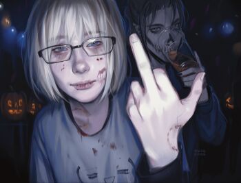 2boys alcohol alternate_costume armin_arlert artist_name bite_mark bite_mark_on_hand bite_mark_on_shoulder black-framed_eyewear black_hair black_nails blonde_hair blue_eyes commentary cup english_commentary eren_yeager eyebrow_piercing face_piercing fingernails glasses halloween highres holding holding_cup lip_piercing lips long_sleeves looking_at_viewer male_focus medium_hair middle_finger mismatched_eyebrows multiple_boys musapylsa nose piercing rectangular_eyewear shingeki_no_kyojin